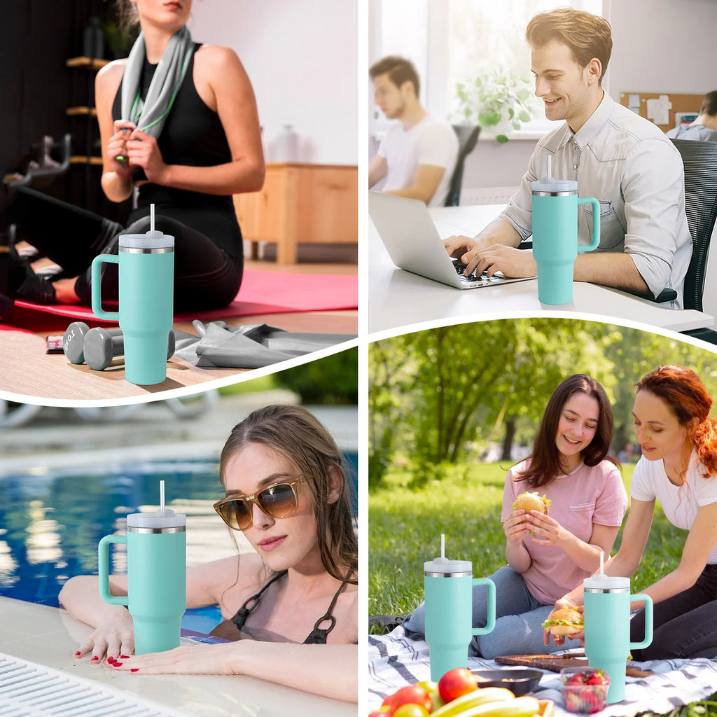 40 Oz Tumbler with Handle and Straw, Travel Mug for Car, 2-In-1 Lid Stainless Steel Tumblers