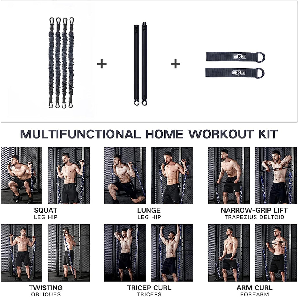 Portable Home Gym Set with Workout Bar, Bench Press Set, Squat Resistance Band, Door Anchor and More-Full Body Workout Equipment to Build Muscle and Shape Body