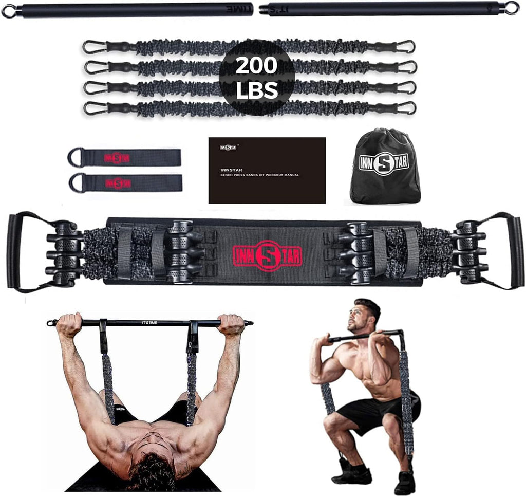 Portable Home Gym Set with Workout Bar, Bench Press Set, Squat Resistance Band, Door Anchor and More-Full Body Workout Equipment to Build Muscle and Shape Body