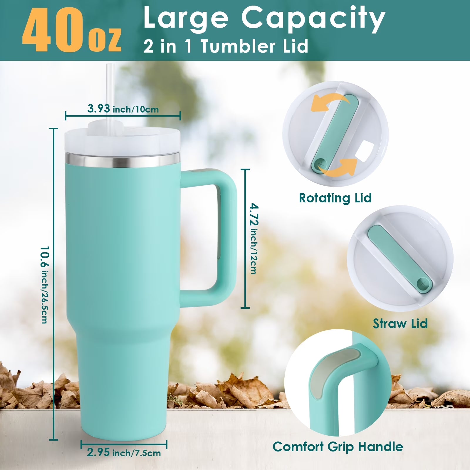 40 Oz Tumbler with Handle and Straw, Travel Mug for Car, 2-In-1 Lid Stainless Steel Tumblers