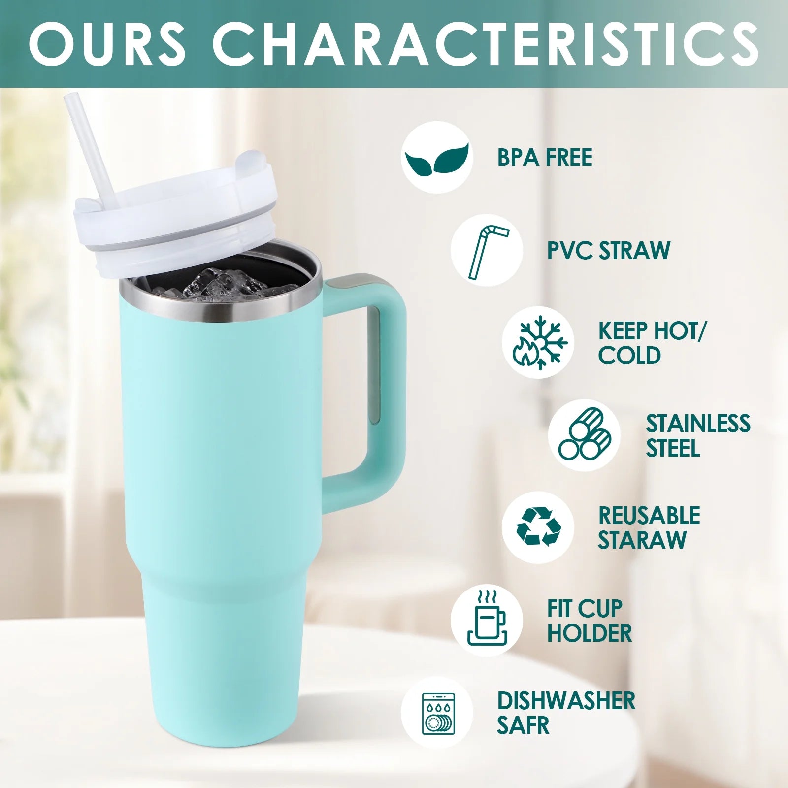 40 Oz Tumbler with Handle and Straw, Travel Mug for Car, 2-In-1 Lid Stainless Steel Tumblers