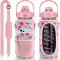 Half Gallon Water Bottle with Sleeve & Strap 64 OZ Water Bottle Motivational with Straw & Time Marker to Drink Leakproof Tritan BPA Free Workout Gym Sport Water Jug Women Men with Neoprene Holder