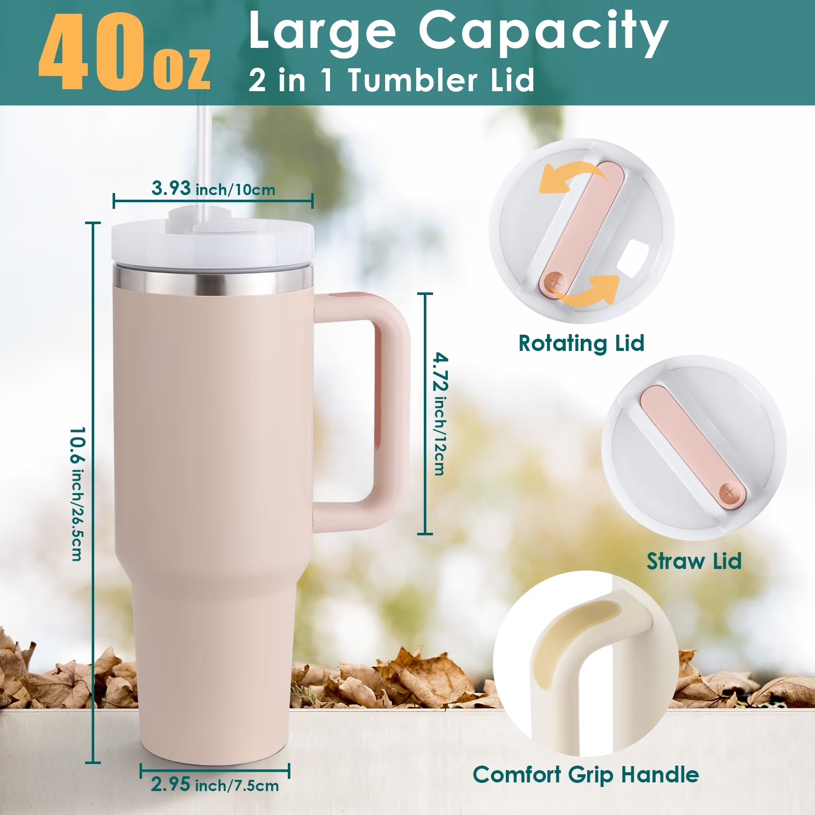 40 Oz Tumbler with Handle and Straw, Travel Mug for Car, 2-In-1 Lid Stainless Steel Tumblers