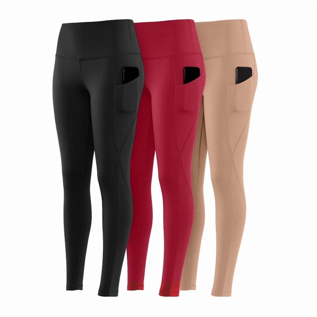 3 Pack-Leggings for Women with Pockets - Buttery Soft, High Waisted Tummy Control Yoga Pants for Workout Gym Running - Black + Burgundy + Taupe, Size - Small (US)